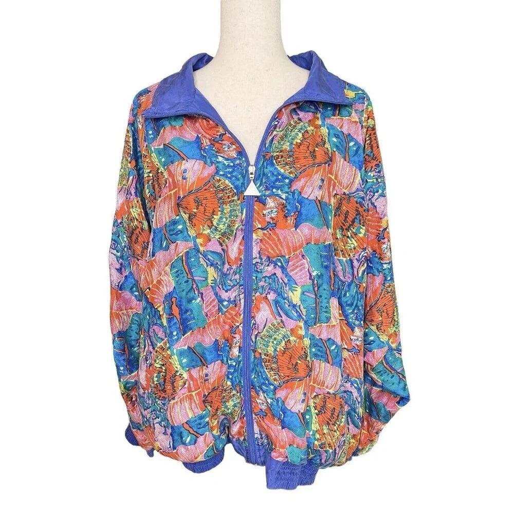 Vtg Silk Windbreaker Bomber Jacket XL  Vacation SeaShell Beach Artsy Art To Wear